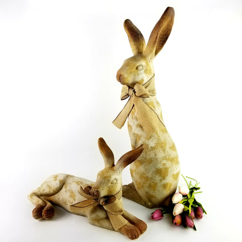 Rustic Resin Bunny Rabbit Trio - Tall Garden Rabbit, Lying Garden Rabbit and Rabbit with Head Tilted to Right