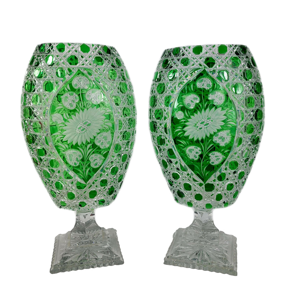 Bohemian Czech Green Cut to Clear Crystal Glass Footed Pedestal Vase Pair