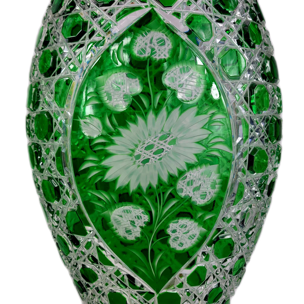 Bohemian Czech Green Cut to Clear Crystal Glass Footed Pedestal Vase Pair