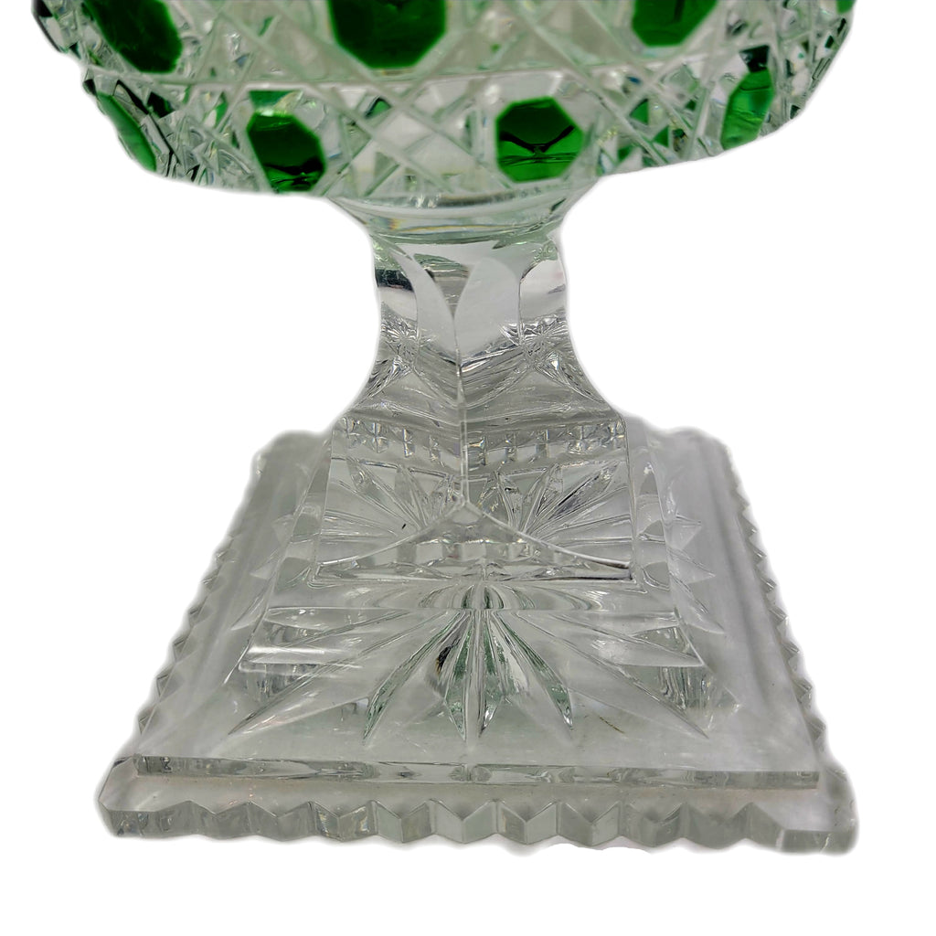 Bohemian Czech Green Cut to Clear Crystal Glass Footed Pedestal Vase Pair