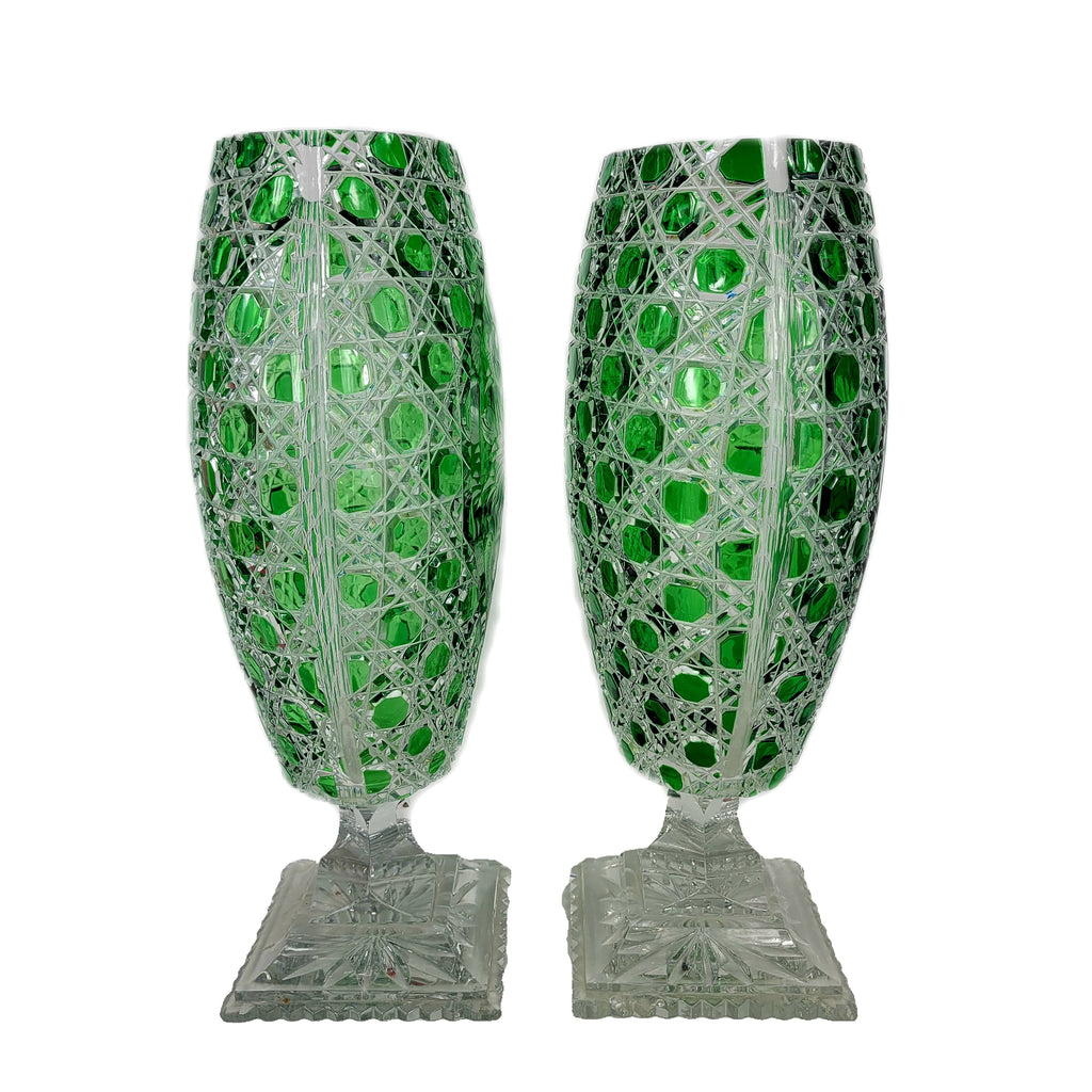 Bohemian Czech Green Cut to Clear Crystal Glass Footed Pedestal Vase Pair