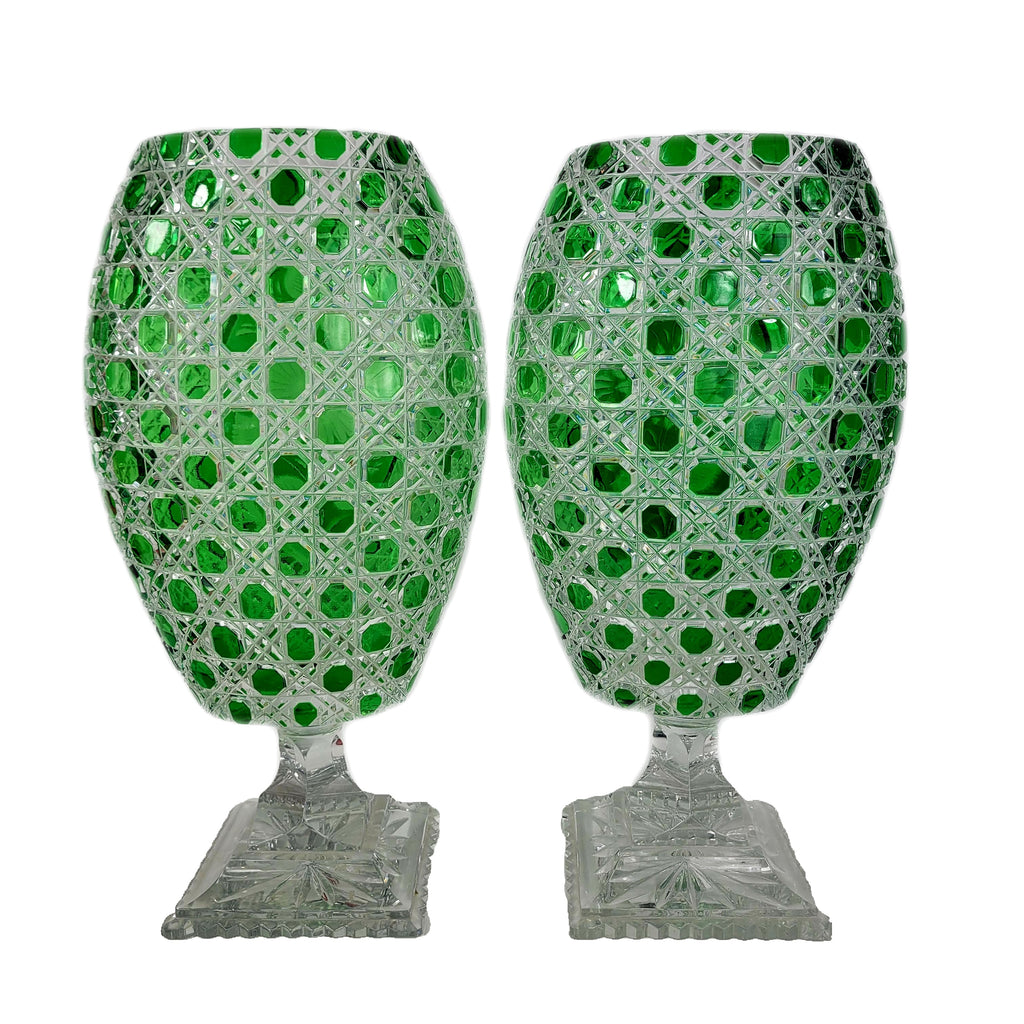 Bohemian Czech Green Cut to Clear Crystal Glass Footed Pedestal Vase Pair