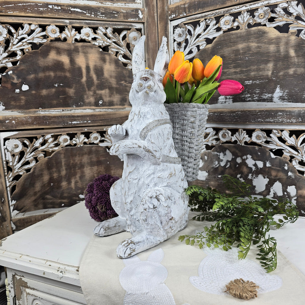 Whitewashed Resin Bunny Rabbit with Backpack Open Basket 17"