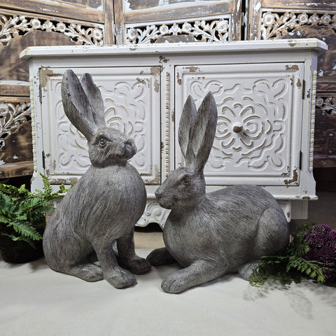 Antique Style Textured Gray Resin Bunny Rabbit Set of 2 16"
