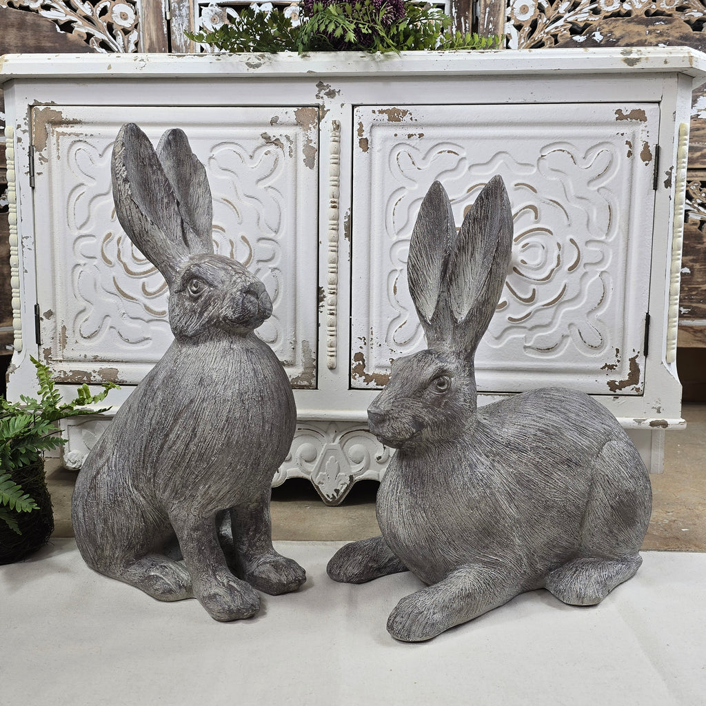 Antique Style Textured Gray Resin Bunny Rabbit Set of 2 16"