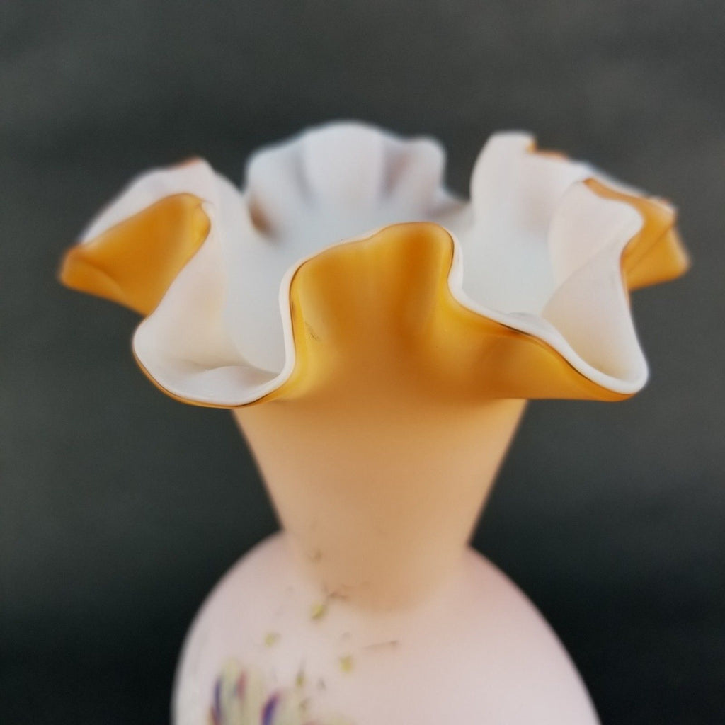 Antique Footed Webb Cased Glass Peach Blow Hand Painted Floral Ruffle Vase