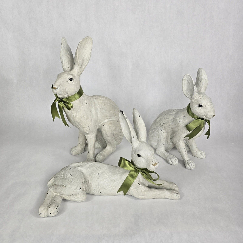 Antique Style White Wash Garden Bunny Rabbit Figurine Set of 3