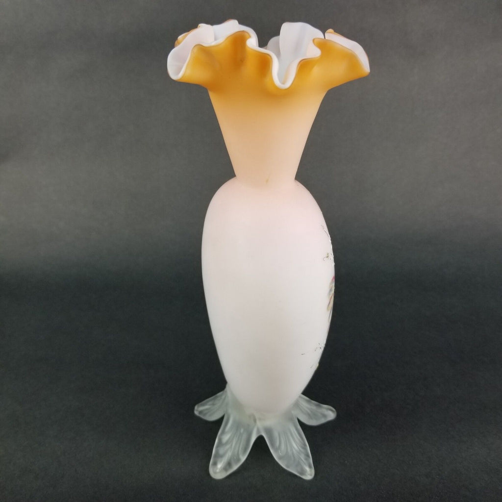 Antique Footed Webb Cased Glass Peach Blow Hand Painted Floral Ruffle Vase