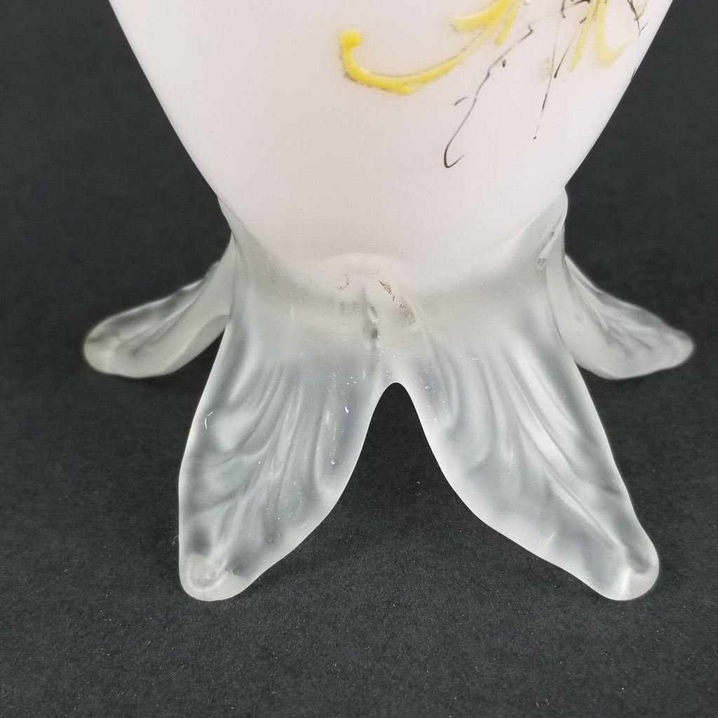 Antique Footed Webb Cased Glass Peach Blow Hand Painted Floral Ruffle Vase