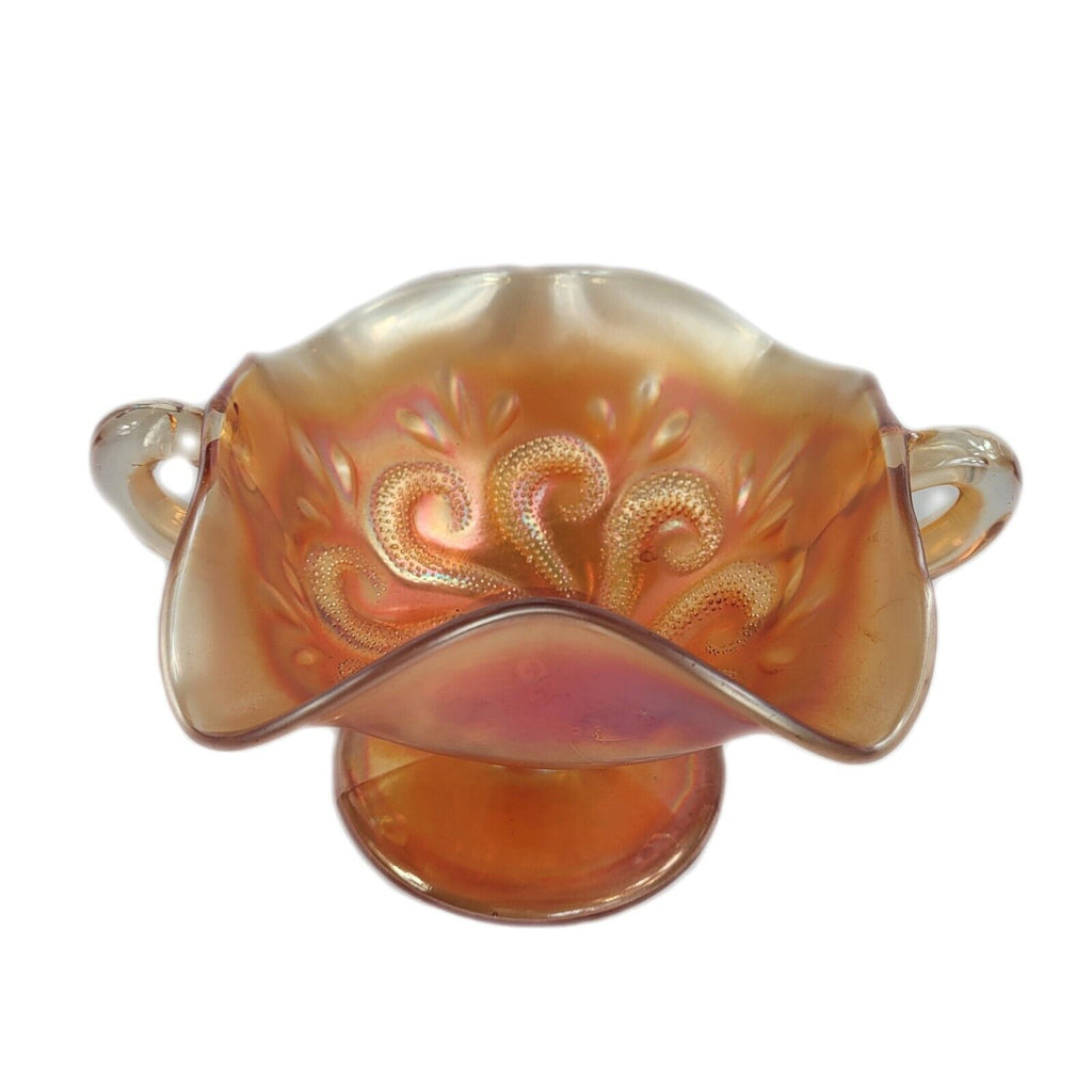 Antique Dugan Carnival Glass Marigold Question Marks Two Handled Footed Bon Bon