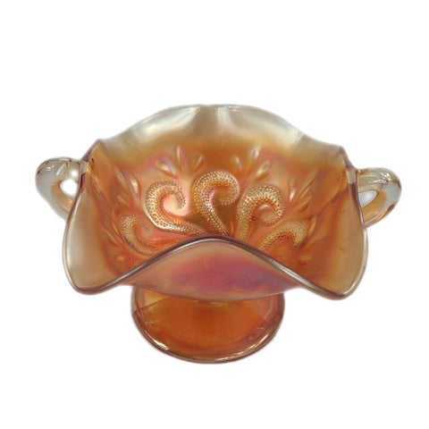 Antique Dugan Carnival Glass Marigold Question Marks Two Handled Footed Bon Bon