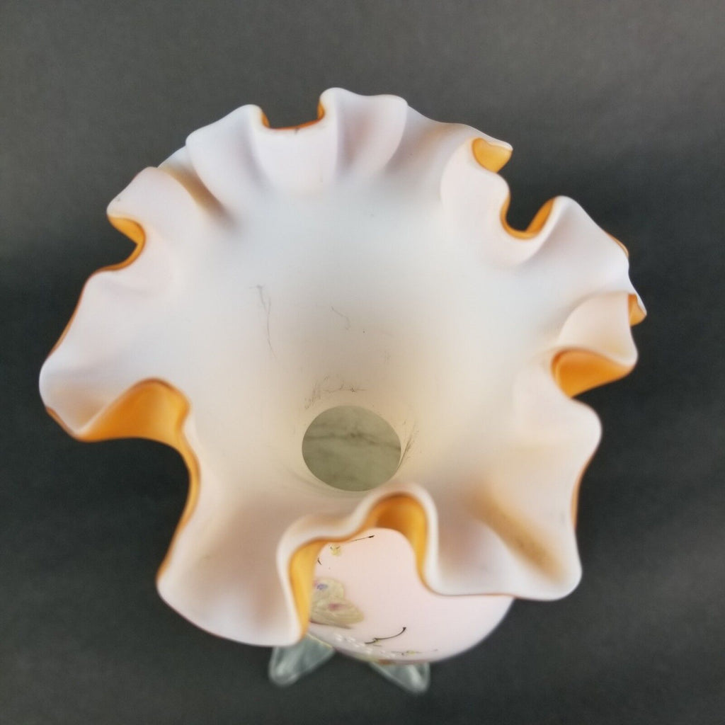 Antique Footed Webb Cased Glass Peach Blow Hand Painted Floral Ruffle Vase