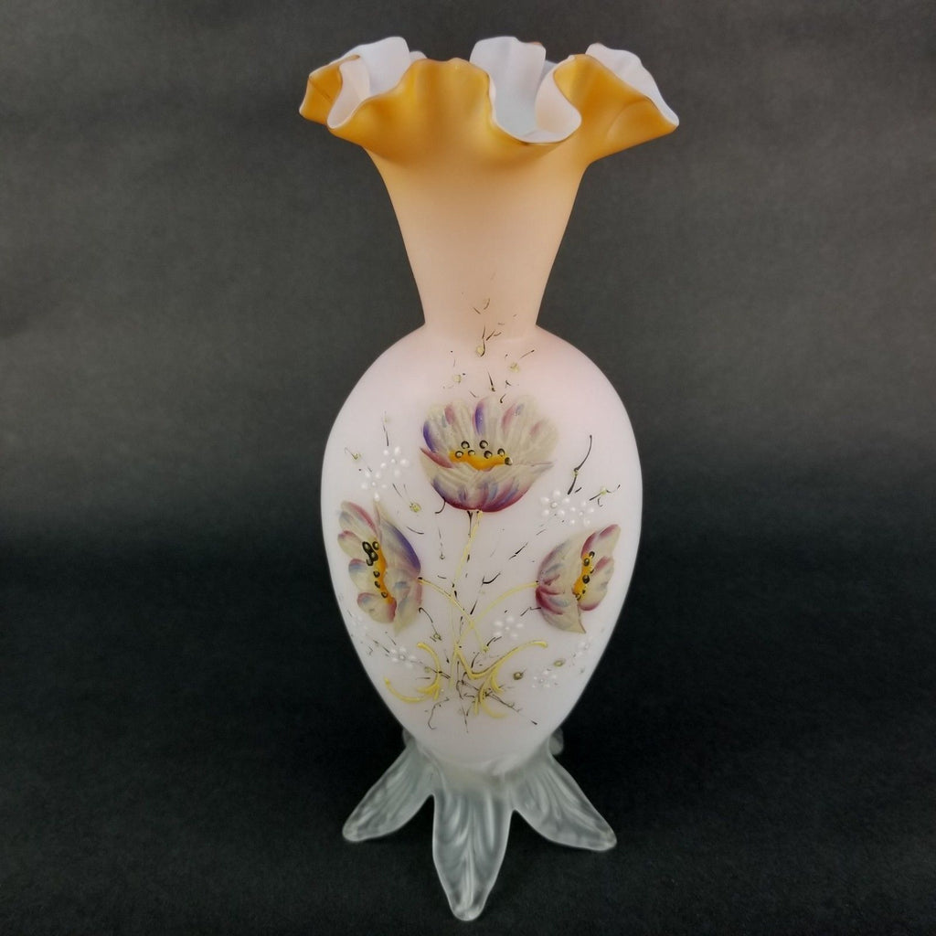 Antique Footed Webb Cased Glass Peach Blow Hand Painted Floral Ruffle Vase