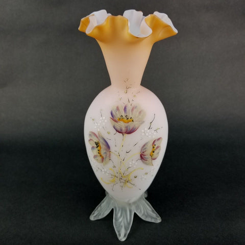 Antique Footed Webb Cased Glass Peach Blow Hand Painted Floral Ruffle Vase