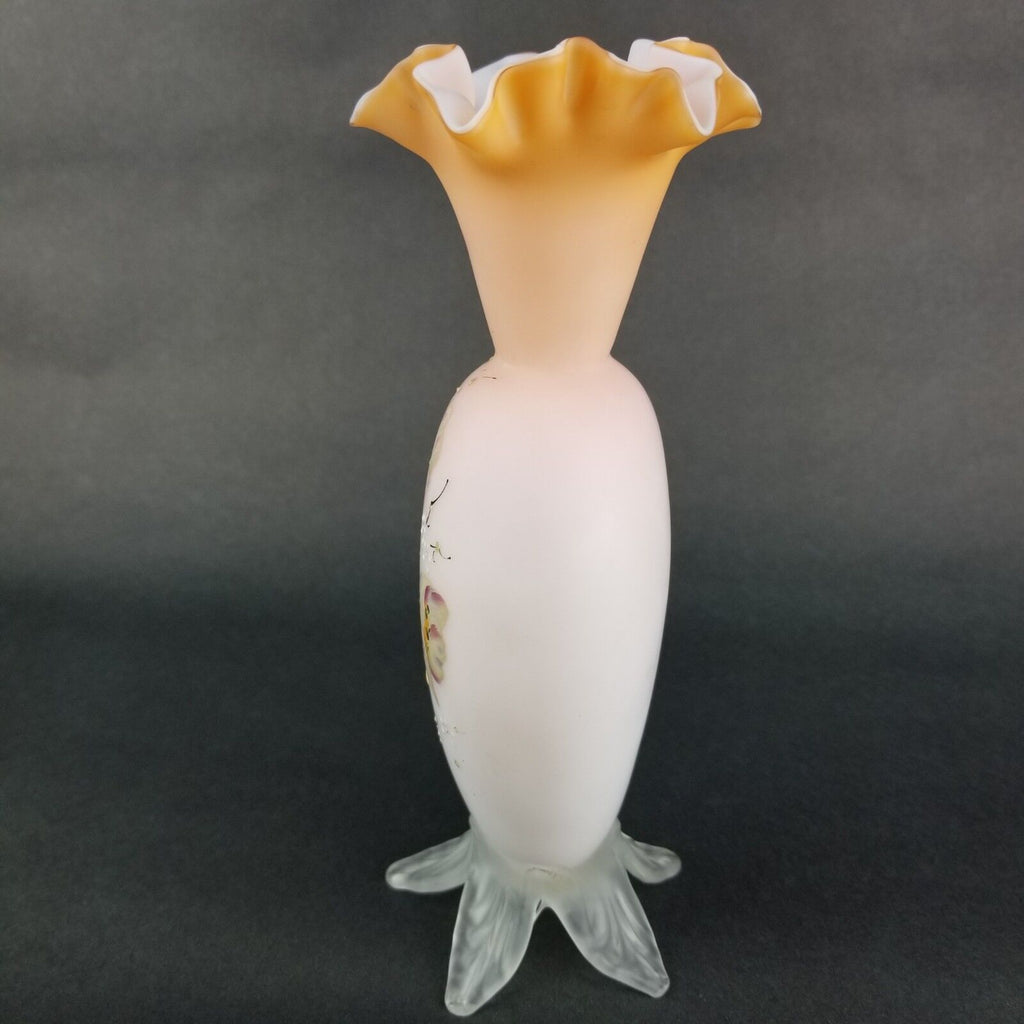 Antique Footed Webb Cased Glass Peach Blow Hand Painted Floral Ruffle Vase
