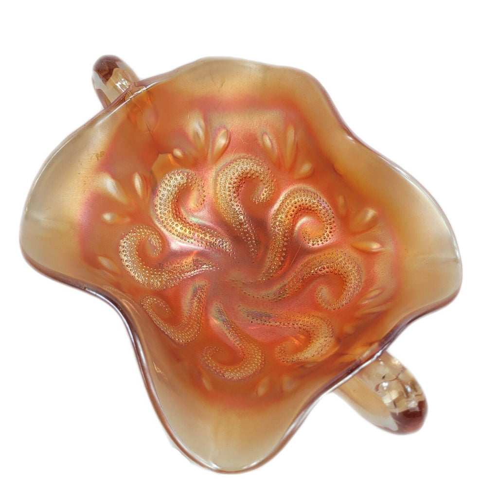 Antique Dugan Carnival Glass Marigold Question Marks Two Handled Footed Bon Bon