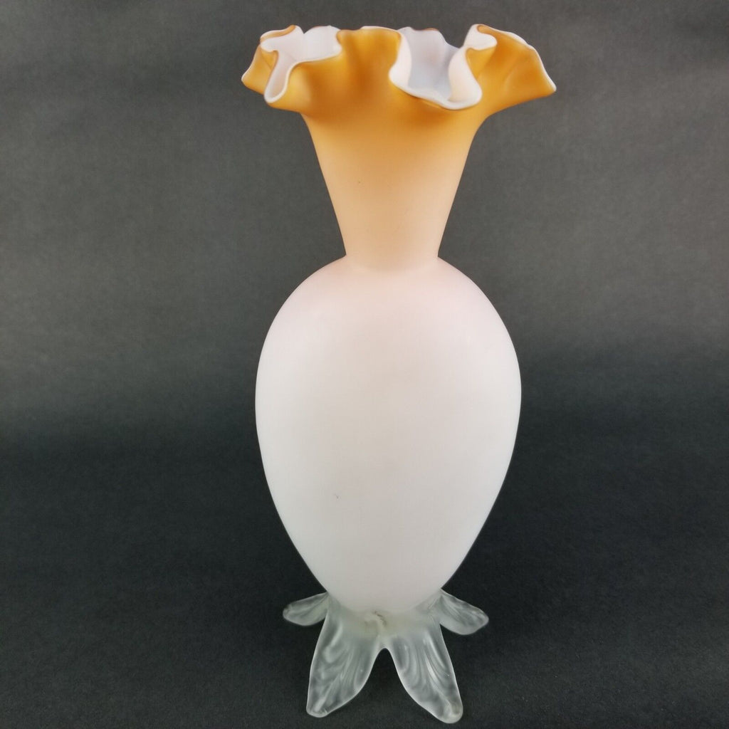 Antique Footed Webb Cased Glass Peach Blow Hand Painted Floral Ruffle Vase