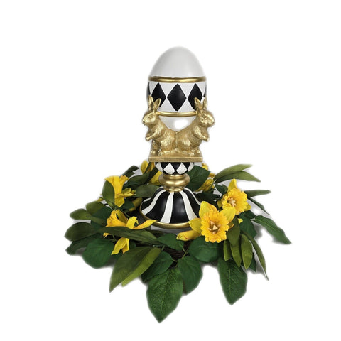 Black and White Check Egg and Bunnies Pedestal Figurine