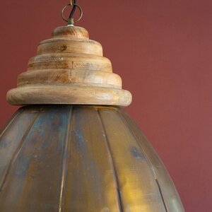 Dome Antique Brass Pendant Light with Wood Detail