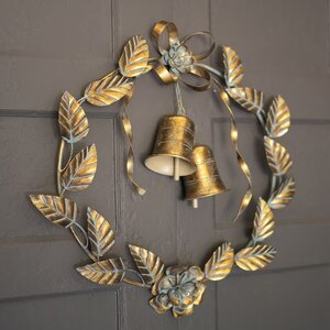 Antique Brass Christmas Wreath with Leaves and Bells
