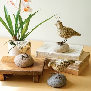Set of 3 Clay Quail on River Rock Bases