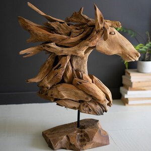 Teakwood Horse Head Sculpture with Base