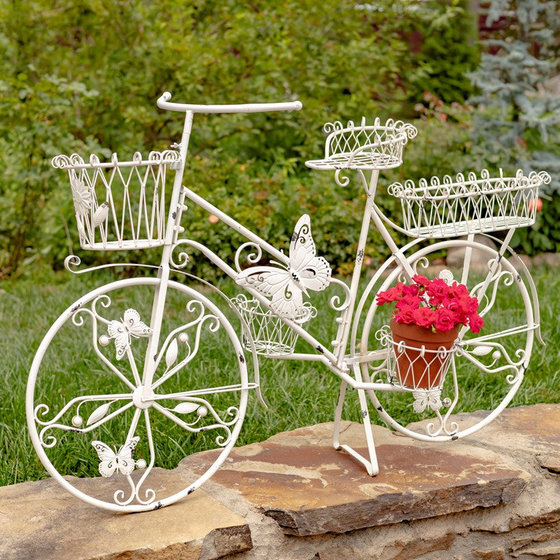Large Iron Bicycle Plant Stand with Butterflies Antique White
