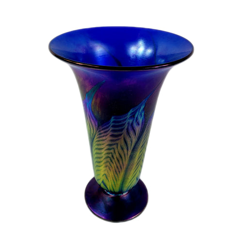 Lundberg Studios Art Glass Cobalt Blue Banana Leaf Vase