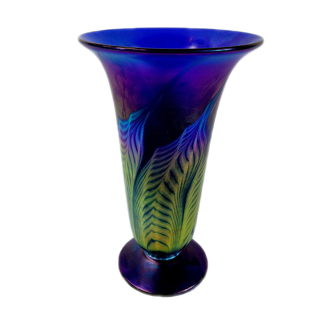 Lundberg Studios Art Glass Cobalt Blue Banana Leaf Vase - City