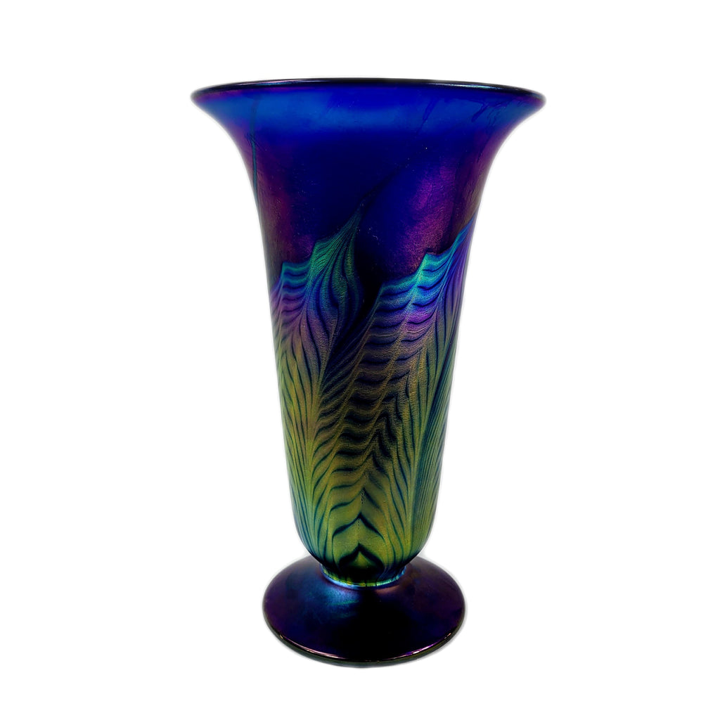 Lundberg Studios Art Glass Cobalt Blue Banana Leaf Vase