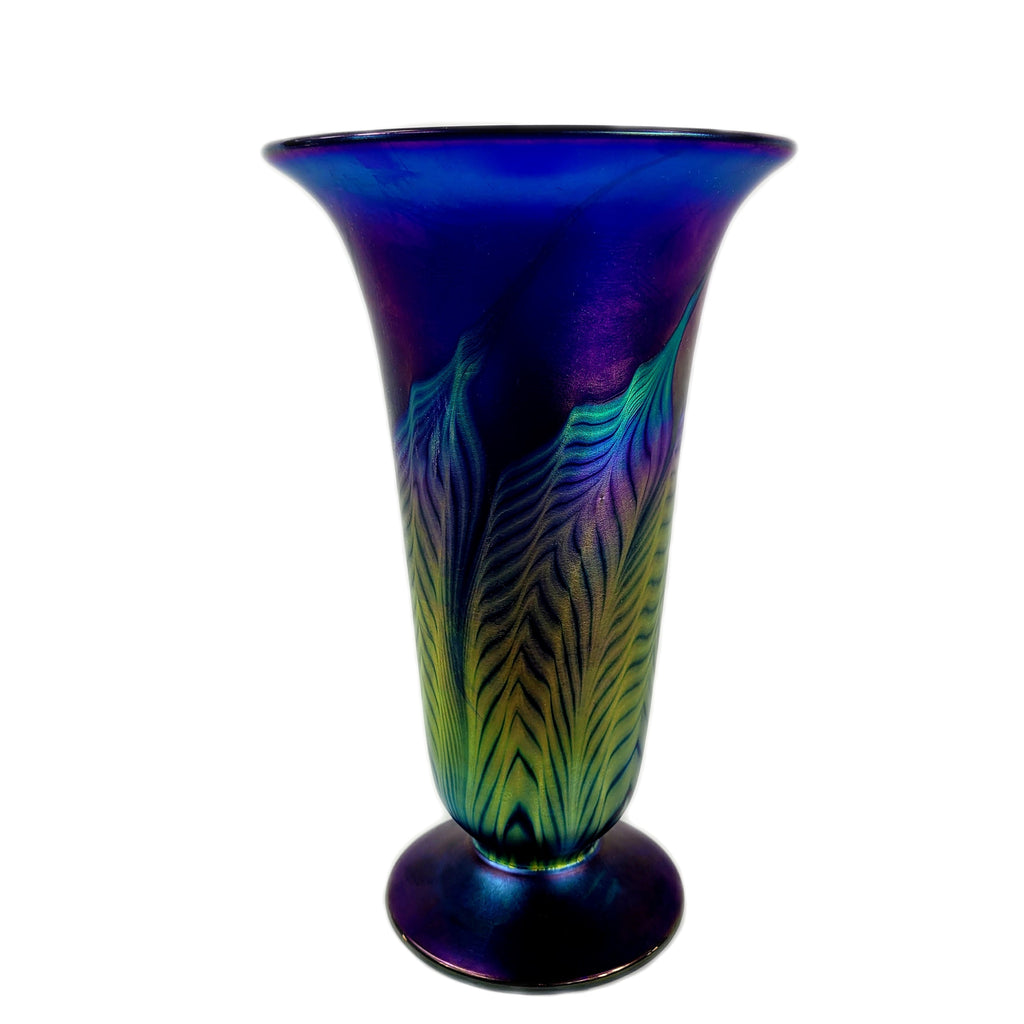 Lundberg Studios Art Glass Cobalt Blue Banana Leaf Vase