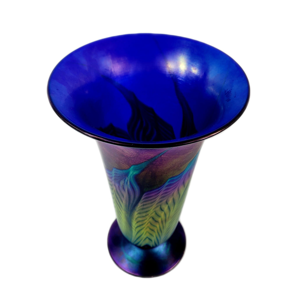 Lundberg Studios Art Glass Cobalt Blue Banana Leaf Vase - City