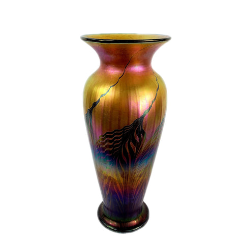 Lundberg Studios Art Glass Rainbow Red Moire Ribbed Vase
