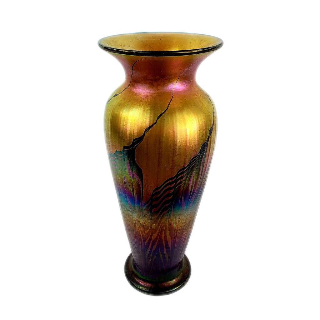 Lundberg Studios Art Glass Rainbow Red Moire Ribbed Vase