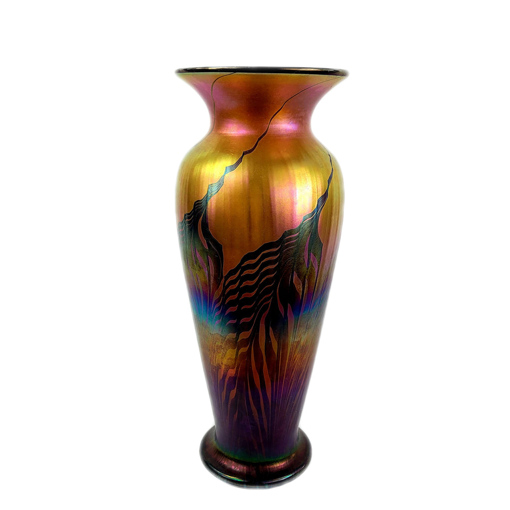 Lundberg Studios Art Glass Rainbow Red Moire Ribbed Vase