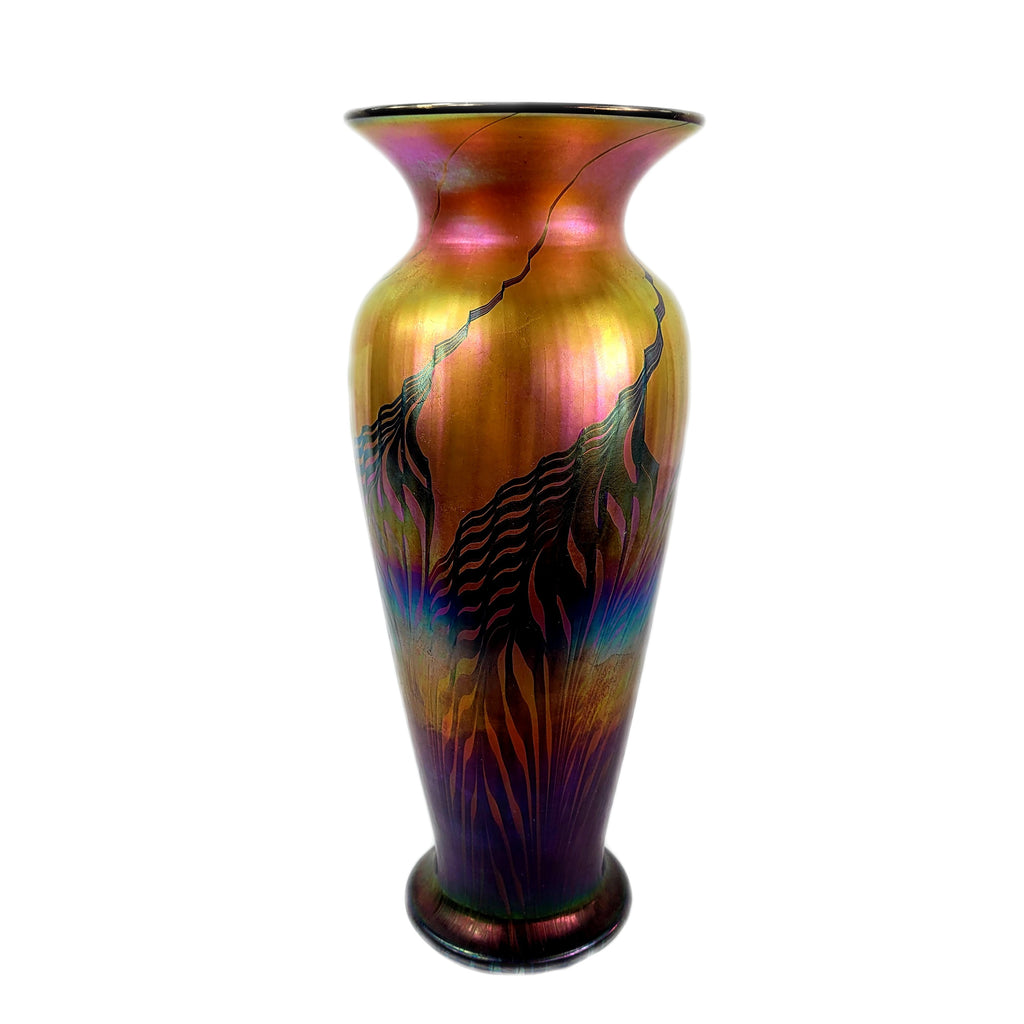 Lundberg Studios Art Glass Rainbow Red Moire Ribbed Vase