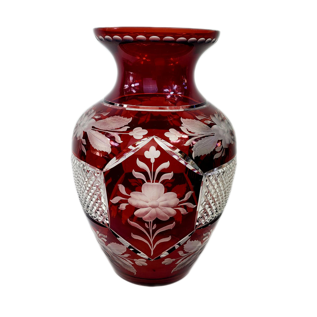 Bohemian Czech Cut to Clear Cranberry Crystal Glass Vase