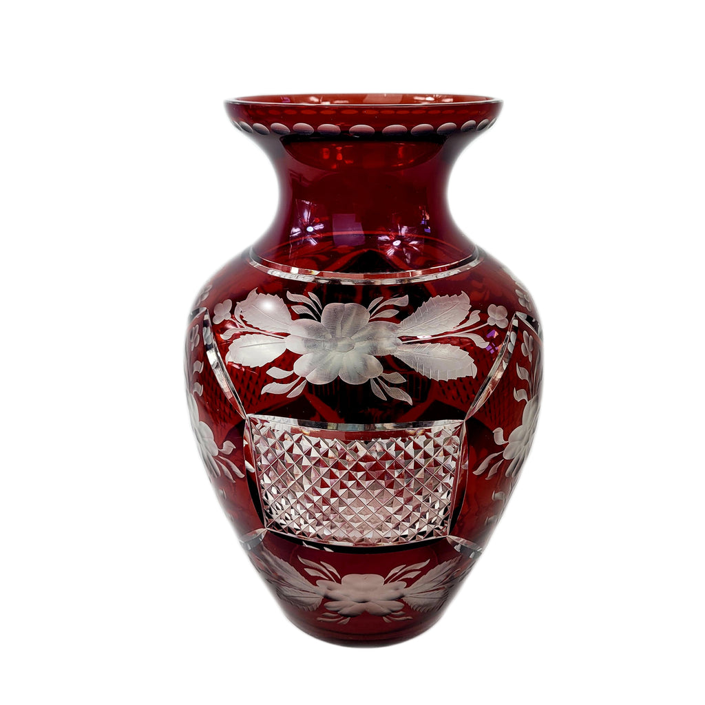 Bohemian Czech Cut to Clear Cranberry Crystal Glass Vase