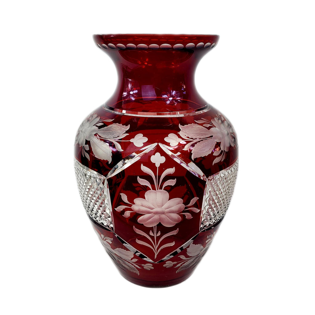 Bohemian Czech Cut to Clear Cranberry Crystal Glass Vase