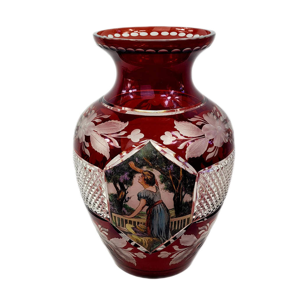 Bohemian Czech Cut to Clear Cranberry Crystal Glass Vase