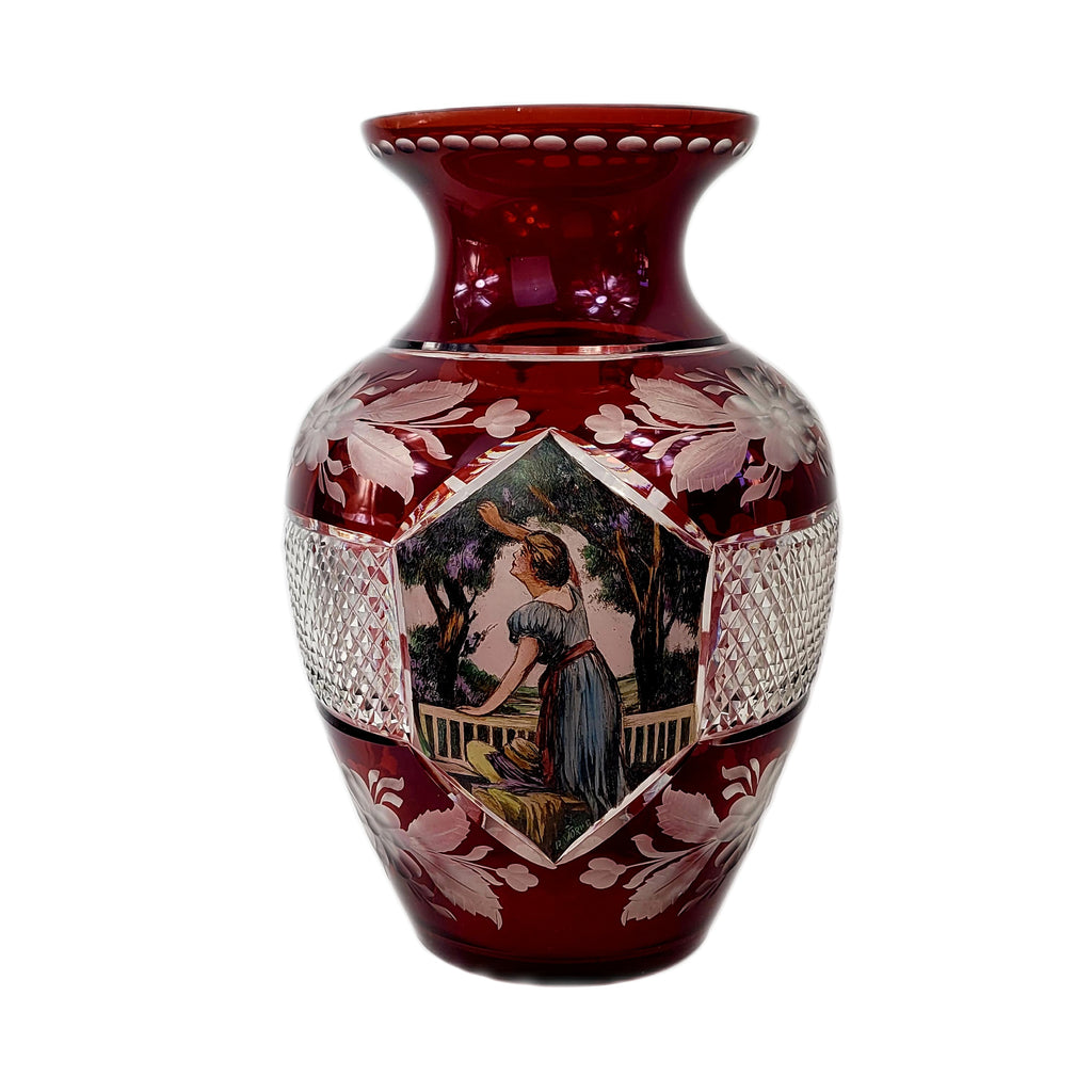 Bohemian Czech Cut to Clear Cranberry Crystal Glass Vase