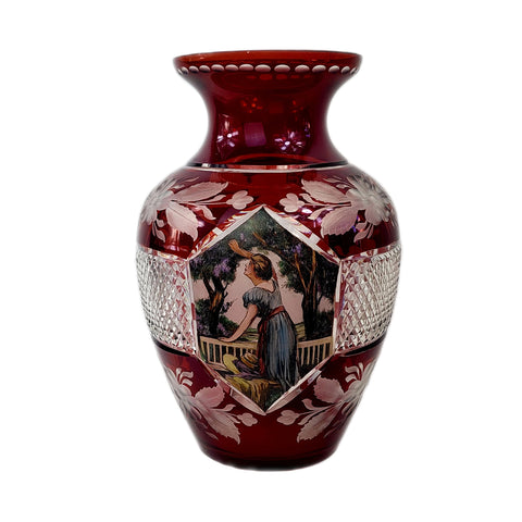 Bohemian Czech Cut to Clear Cranberry Crystal Glass Vase