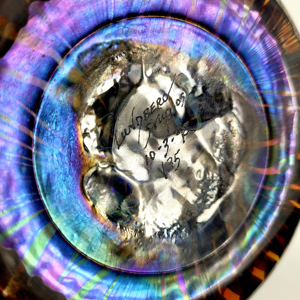 Lundberg Studios Art Glass Rainbow Red Moire Ribbed Vase