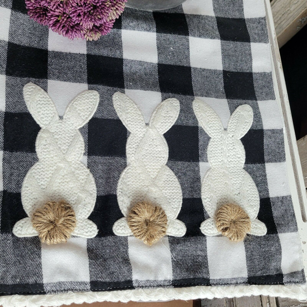 Black and White Check Table Runner Three Bunny Rabbit Pom Pom Tail 72"