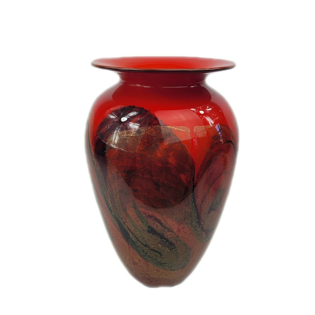 Signed Michael Nourot Hand Blown Red Satin Studio Art Glass Vase 10.5"