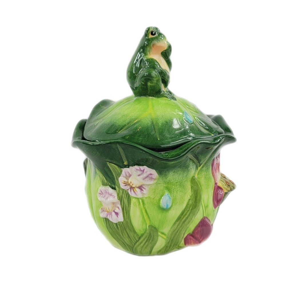 Cottage Style Ceramic Pitcher and Covered Sugar Set Floral and Frog