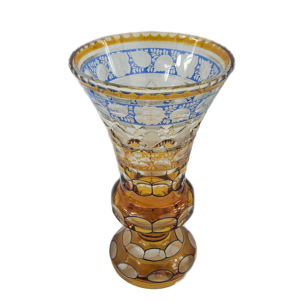 Moser Bohemian Czech Trumpet Vase Amber Cut to Clear