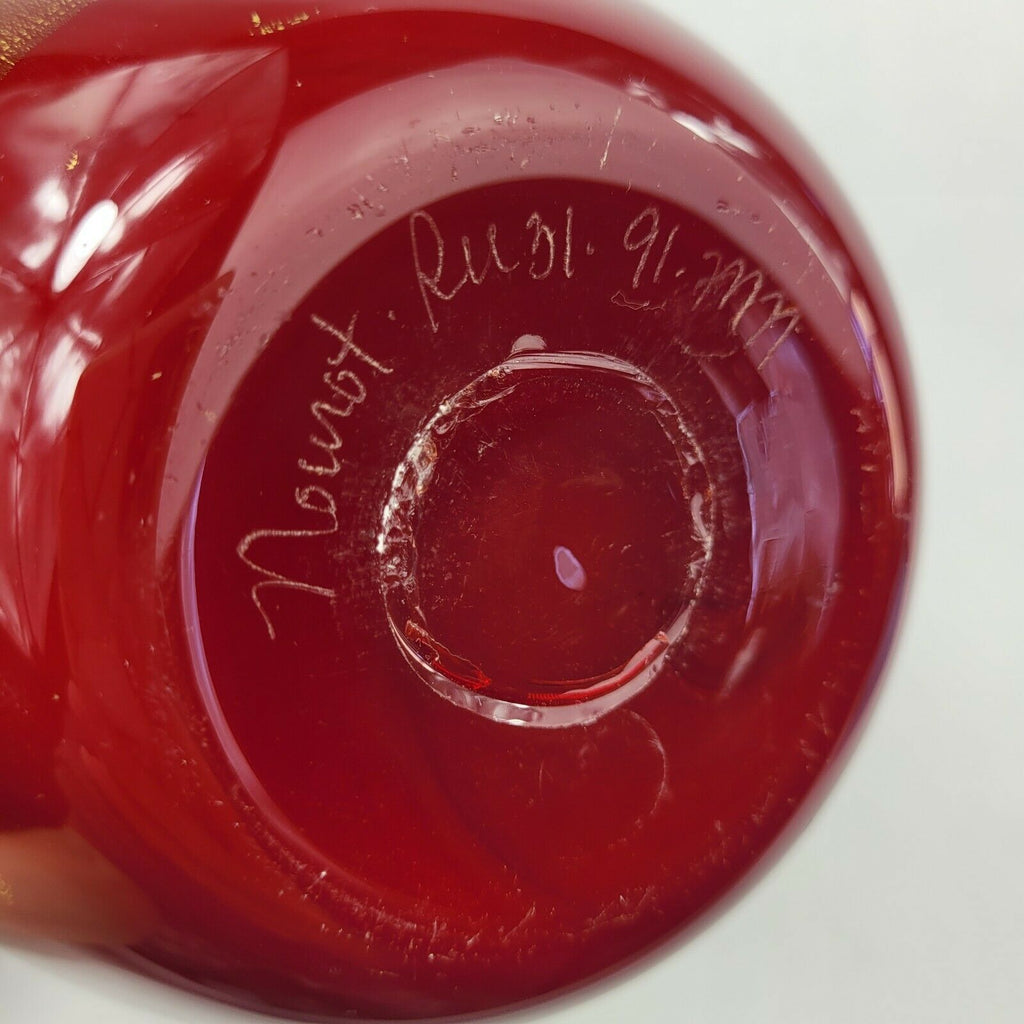 Signed Michael Nourot Hand Blown Red Satin Studio Art Glass Vase 10.5"