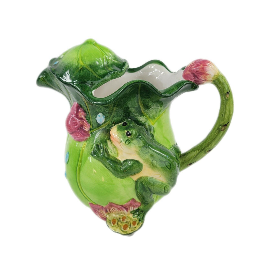 Cottage Style Ceramic Pitcher and Covered Sugar Set Floral and Frog