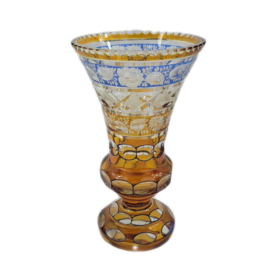 Moser Bohemian Czech Trumpet Vase Amber Cut to Clear